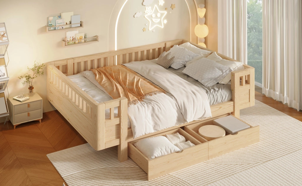 Letto 140x200 in Legno con Due Cassetti e Sponde Alte per Bambini