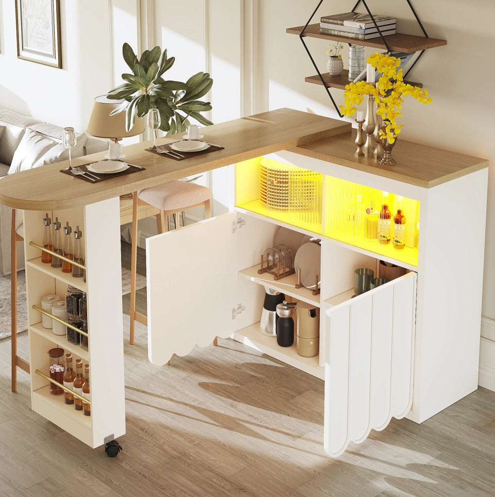 Tavolo bar estensibile con LED e contenitore, bianco