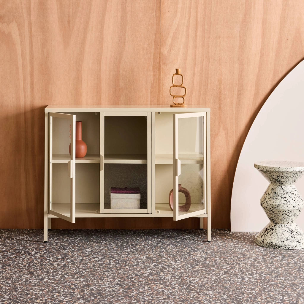 Credenza industriale in metallo e vetro temperato 3 ante, 100cm
