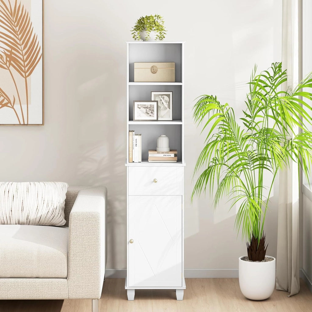 Mobile alto 172 cm, armadio da bagno sottile con 3 ripiani aperti, 1 cassetto, 1 anta e ripiano regolabile, 40 x 30 cm, mobile da bagno indipendente per cucina e soggiorno