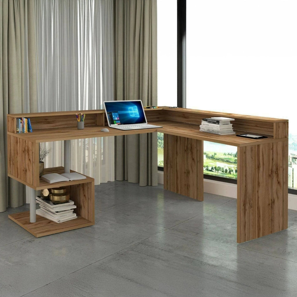 Scrivania Auletta, Scrittoio angolare con ripiani portaoggetti, Scrivania ufficio multiuso con sopralzo, 180x60h93 cm, Rovere