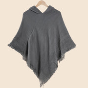 Mantella/scialle da donna con cappuccio in maglia, maglione a maglia larga, tinta unita, con nappe, mantella calda e versatile.