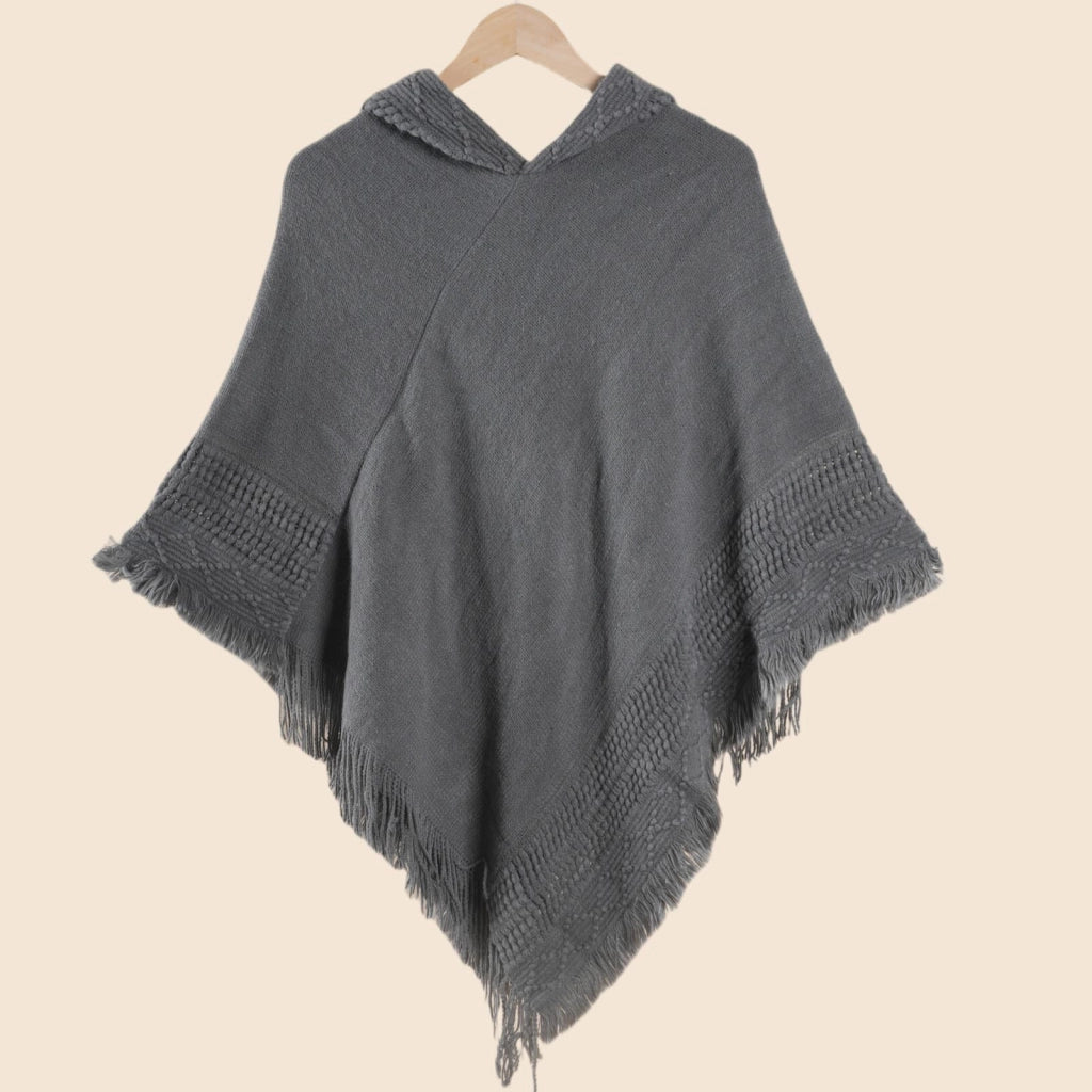 Mantella/scialle da donna con cappuccio in maglia, maglione a maglia larga, tinta unita, con nappe, mantella calda e versatile.