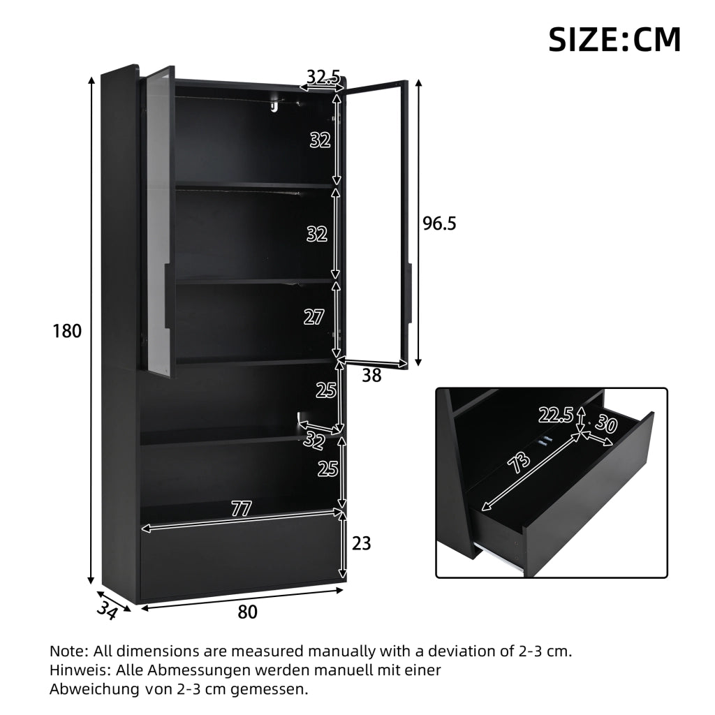 Vetrina alta con LED, 1 cassetto e 6 vani, ante in vetro, in MDF, per soggiorno, nero, 80 × 34 × 180 cm