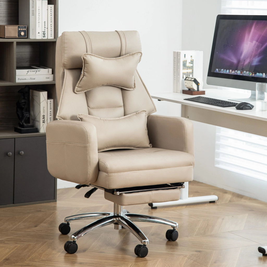 Sedia da Ufficio Ergonomica Girevole ¨C MINIMAL ¨C Ecopelle Beige, Schienale Alto, Poggiatesta