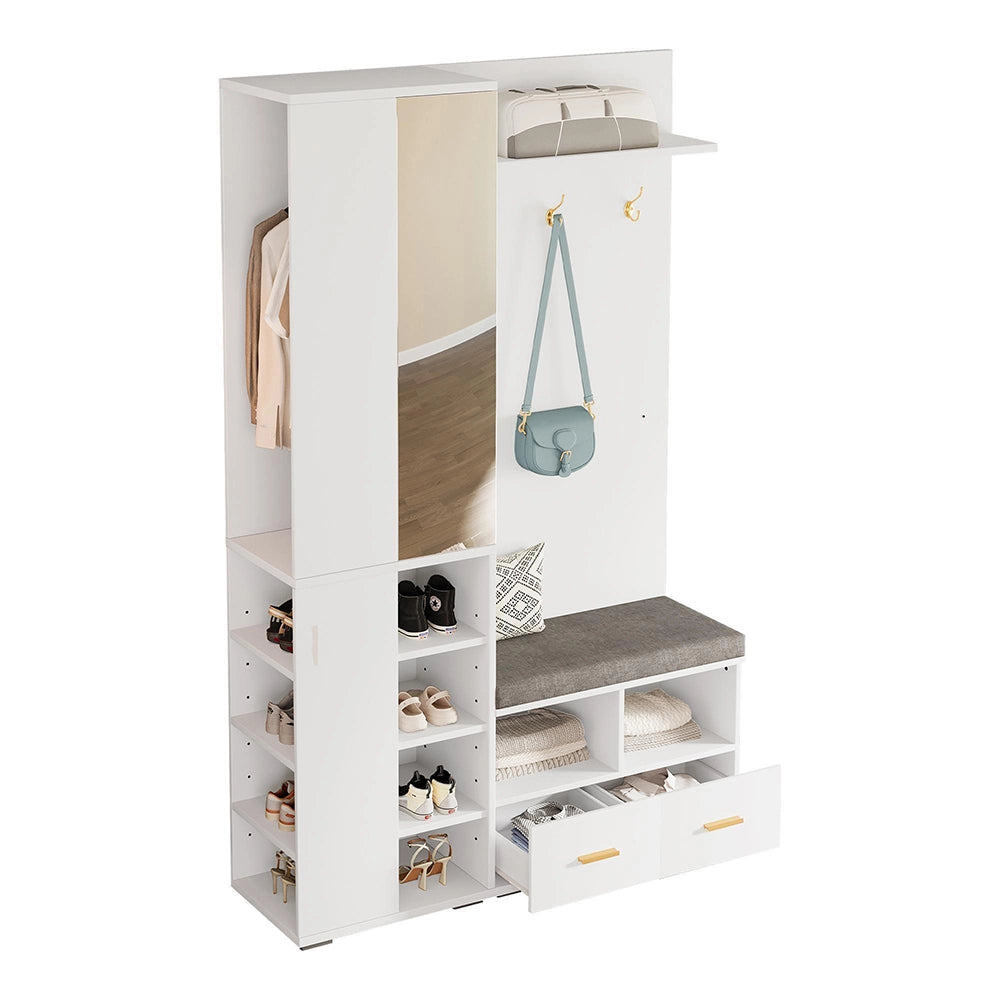 Vestiaire completo con specchio - Xylo - 120x35x190 cm - Bianco - Panca scarpe e 3 ganci