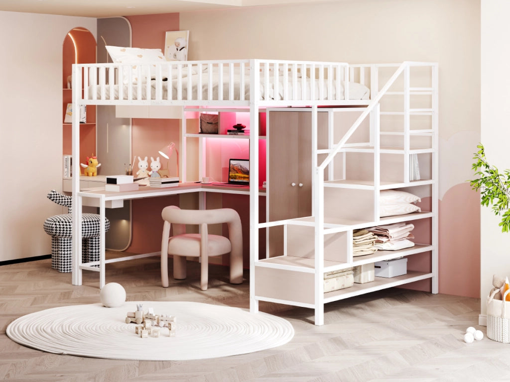 DESMIU Letto a soppalco 2 posti con scrivania, armadio, scaffali, USB e Type-C 140 × 200 cm senza materasso