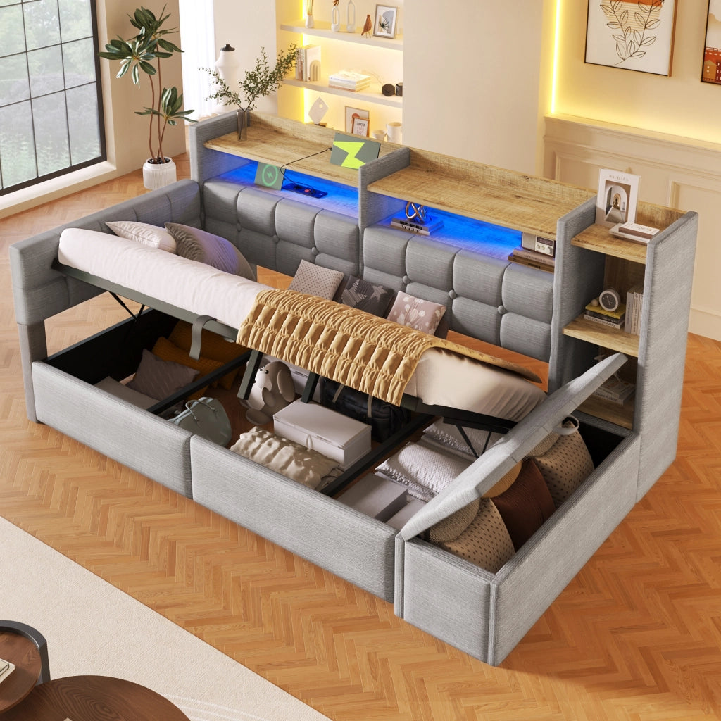 Letto da giorno 90x200 cm in velluto con accumulo idraulico LED e USB-C - Grey