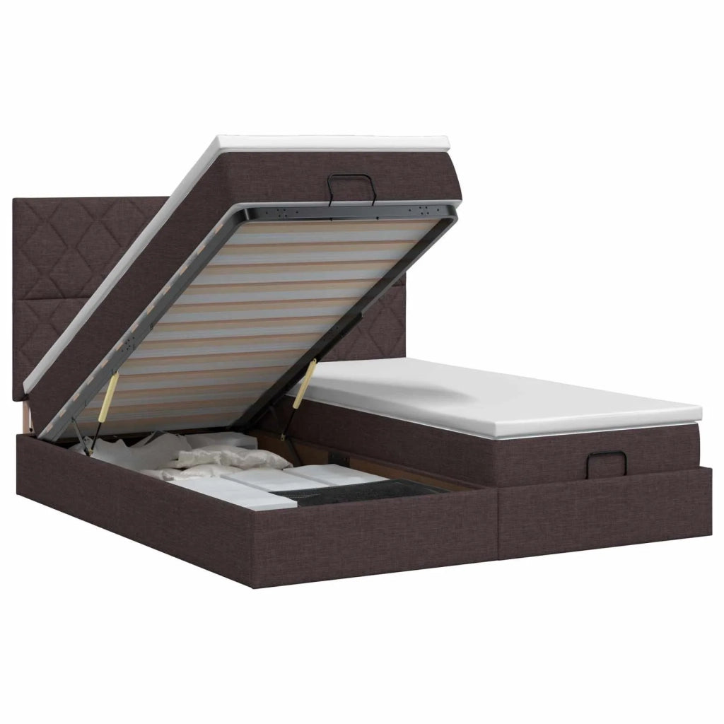 Letto ottomano con materasso 2 pz Marrone Scuro Tessuto 3457886