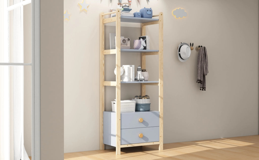 LIBRERIA 4 ripiani 2 cassetti 70x44x180 cm blu e legno