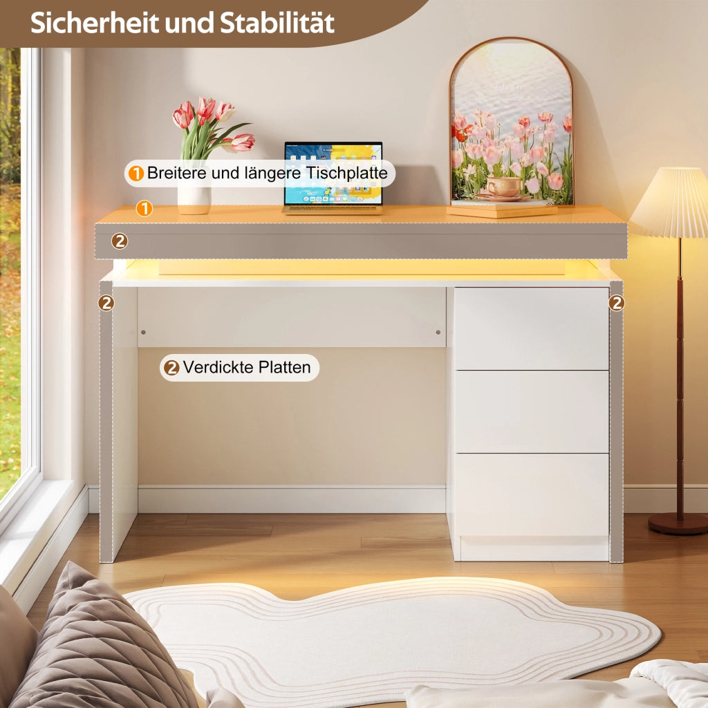 Scrivania con LED multicolore, 3 cassetti e piano ampio, per home office, in MDF bianco, 120 × 50 × 78,5 cm