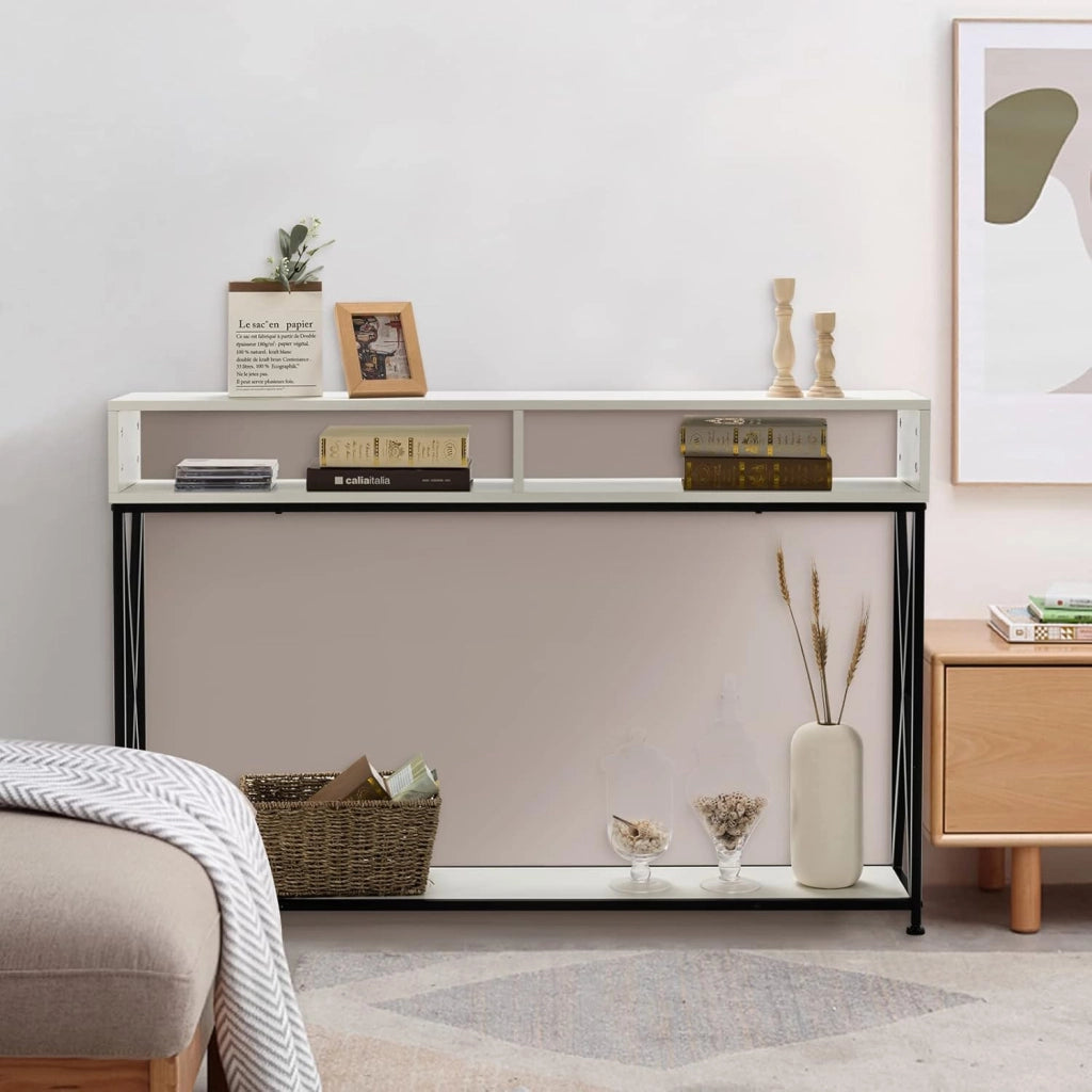 Tavolo Consolle Ingresso, Tavolini Stretto a 3 Ripiani, Salvaspazio e Multiuso, in Ferro, Industriale, Portata di 45 kg, 120x23x79cm, 3 Colori Disponibili, Nero/Bianco/Marrone