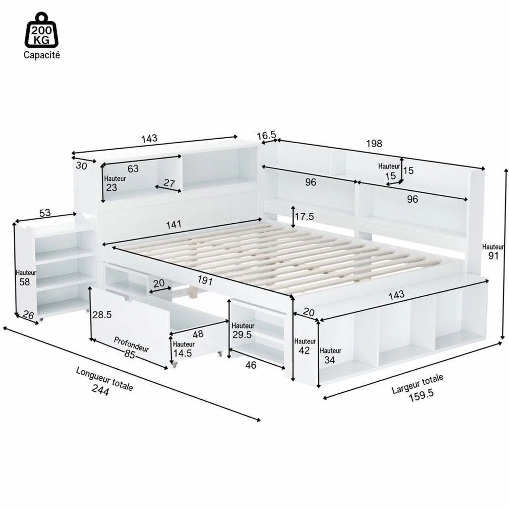 DESMIU Letto per Bambini Letto Singolo 140 × 190 cm con Cassetti e Scaffali, 2 Posti, Senza Materasso, Bianco
