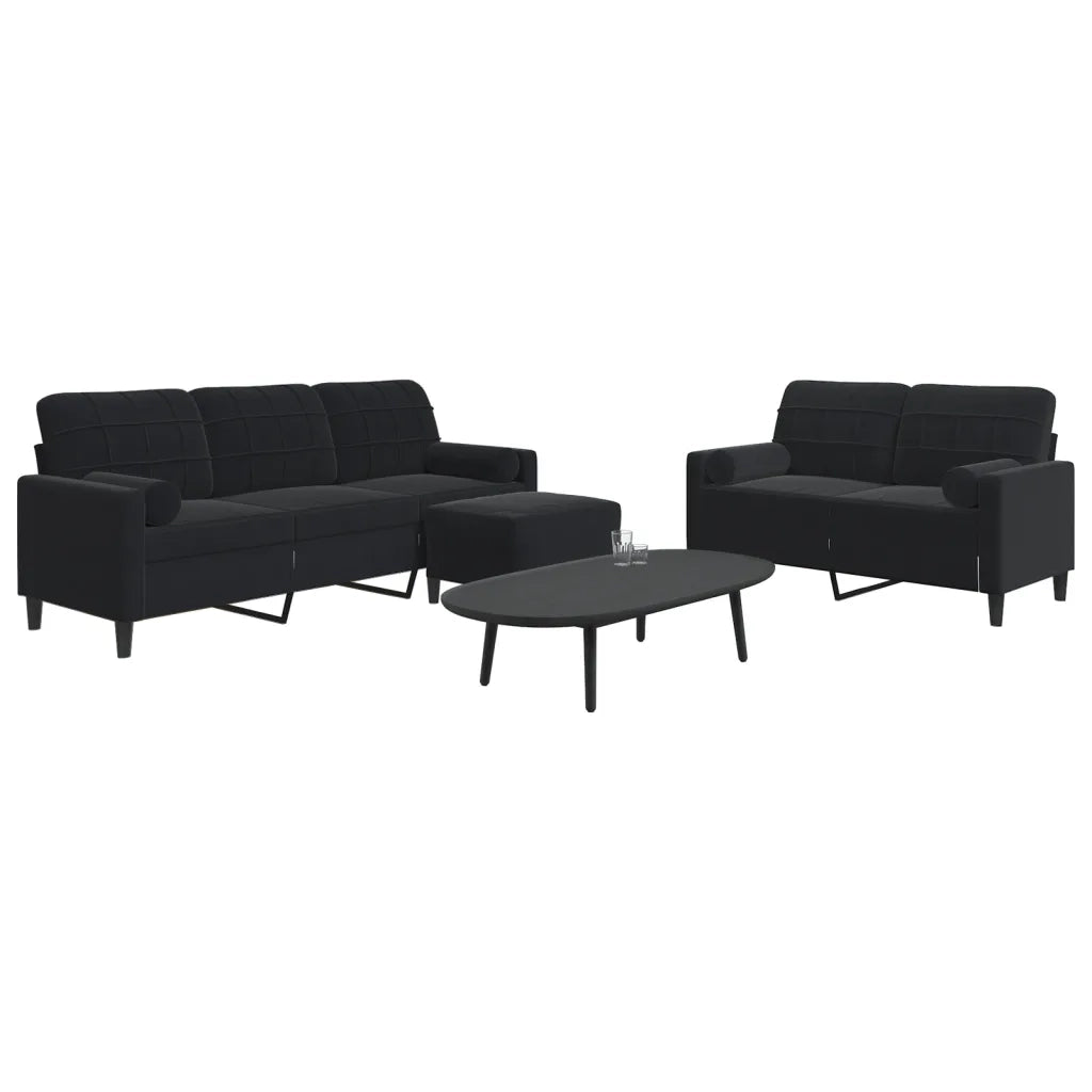 Set di Divani 3 pz con Cuscini e Rinforzi Nero in Velluto