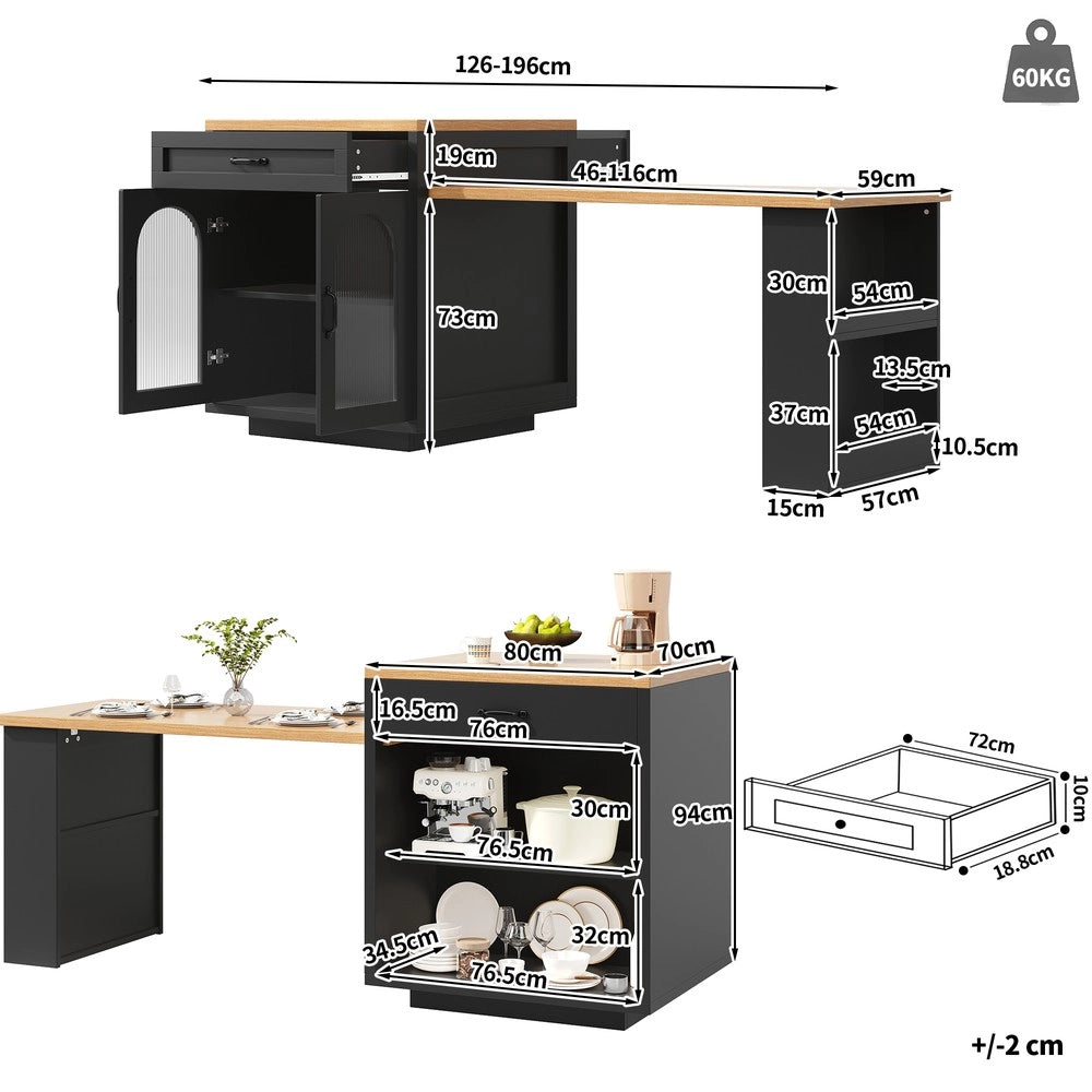 Isola Cucina Allungabile con LED ¨C Xylo ¨C MDF, Cassetti, Ante in Vetro, Credenza Moderna