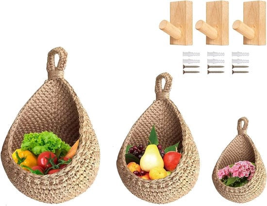 Porta verdura e frutta, porta a muro, con 3 ganci, per verdura e frutta, con materiali naturali di paglia e rami di frutta, appeso alla parete