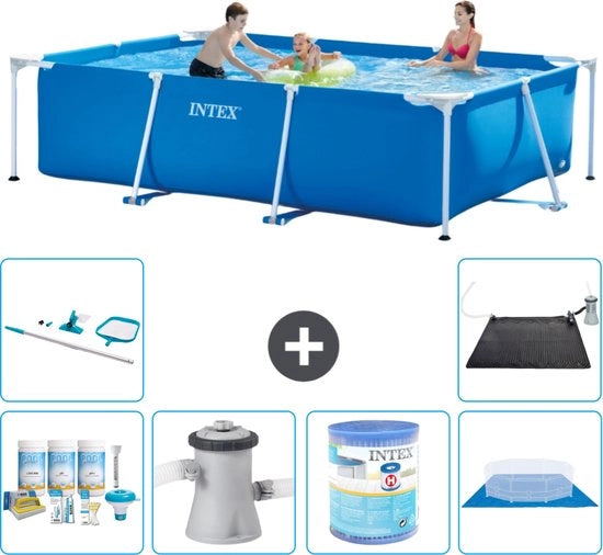 Piscina in Rete Rettilineo - 300 x 200 x 75 cm - Blu - Incluso Kit di Manutenzione - Pompone per Piscina - Filtro - Teli per Piscina - Kit di Pulizia - Mat Matita Solare