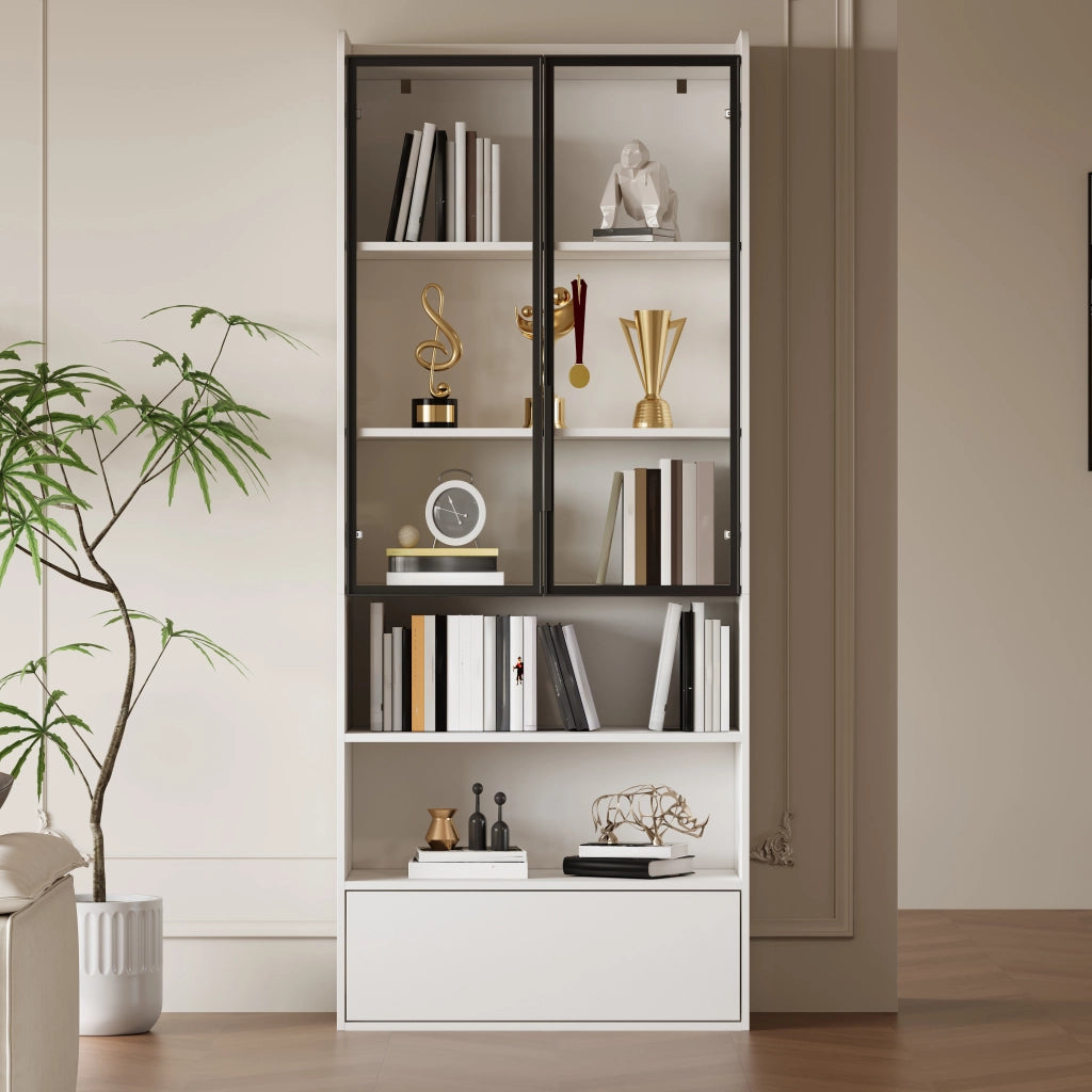 Vetrina alta con led e 1 cassetto con 6 vani e ante in vetro per soggiorno in mdf e vetro bianco 80 × 34 × 180 cm