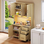 OKWISH Credenza da Cucina Alta con 5 Ante e 3 Cassetti, LED con Controllo tramite App, Prese e USB, Naturale