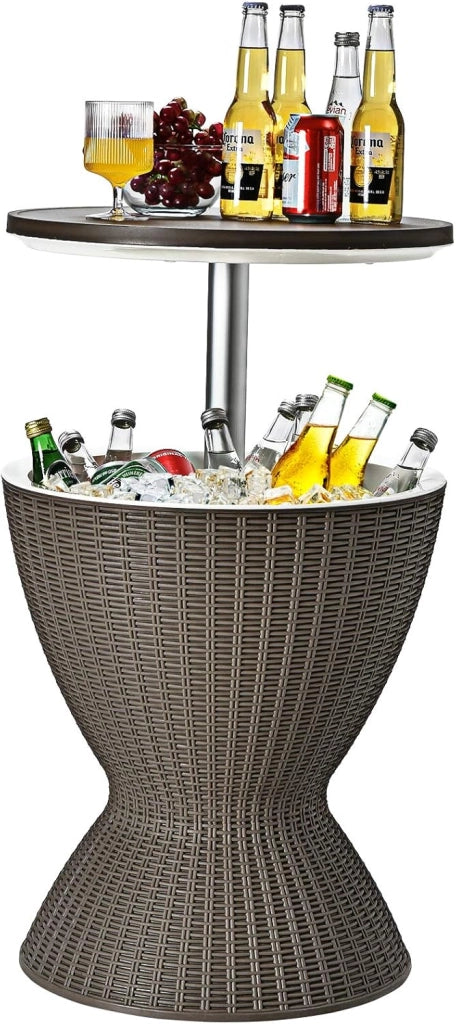 3-in-1 Tavolino Frigo 30L da Esterno, Secchiello Ghiaccio Regolabile in Altezza Ø 48 x 57,5-82H cm, Tavolo Bar Portaghiaccio in Effetto Rattan da Piscina, Cortile e Campeggio (Marrone)