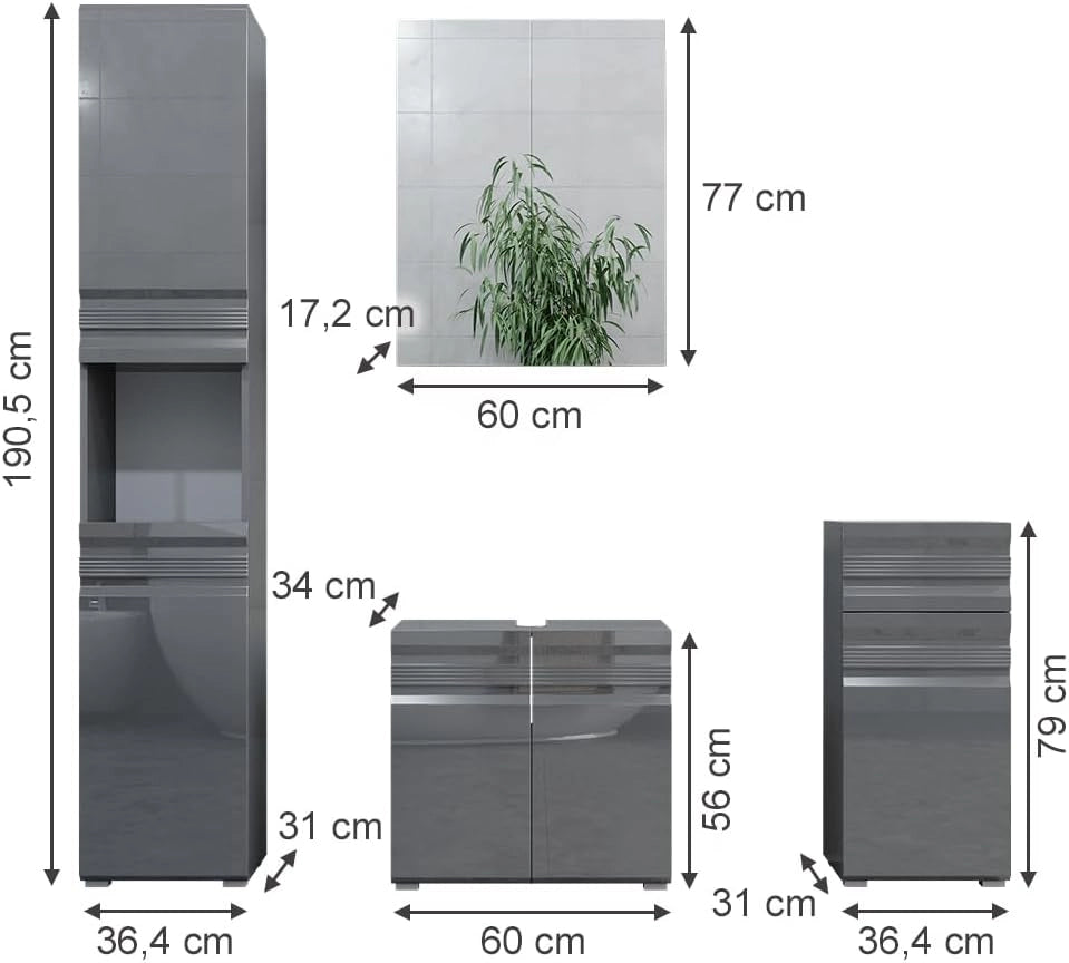 Set mobili bagno Fredd, Antracite lucido, 56 cm, composto da mobile lavabo, pensile a specchio, colonna e base media