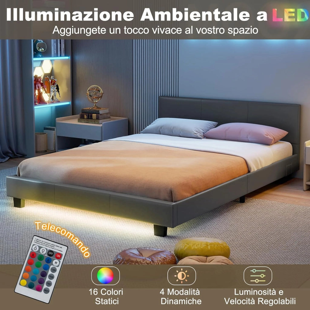 Letto Matrimoniale in Legno, Struttura per Letto Con Testiera Imbottita Luce LED Multicolore e Telecomando, Carico 200 kg, Silenzioso (Grigio)