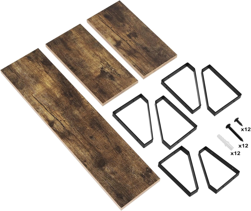 Set di 3 Mensole a Muro, Pensili da Cucina, Mensole per Bagno, Soggiorno, Camera da Letto, in Legno e Metallo, Effeto Legno Vintage e Nero, 60x15x11cm e 30x15x11cm