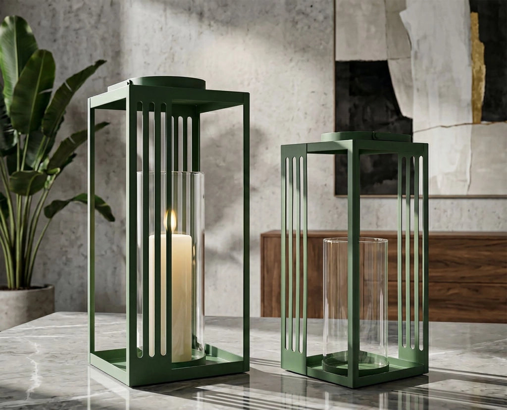 Lanterne Linee Coppia 18,3x18,3x43,5 cm in Metallo e Vetro Verde