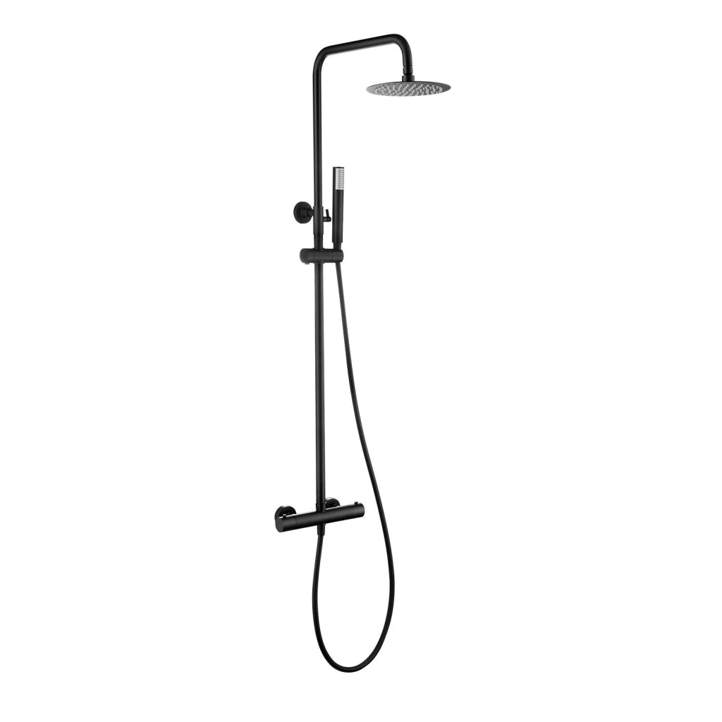 IMEX Set doccia termostatico Genova nero opaco acciaio inox S304 e ottone con asta estensibile soffione extra piatto Ø20 cm anticalcare rubinetto termostatico in ottone cartuccia TURN CLEAN SYSTEM