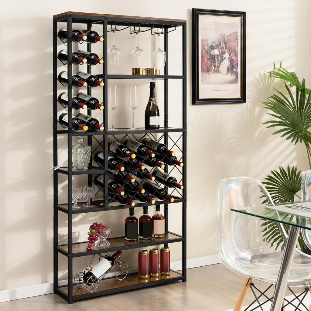 Scaffale da Cucina con 27 Bottiglie, Scaffale per Vino con 7 Livelli di Ripiani e 3 File di Portabicchieri, Scaffalatura in Legno, Mobile Porta Microonde per Sala da Pranzo, 81 x 23 x 166 cm