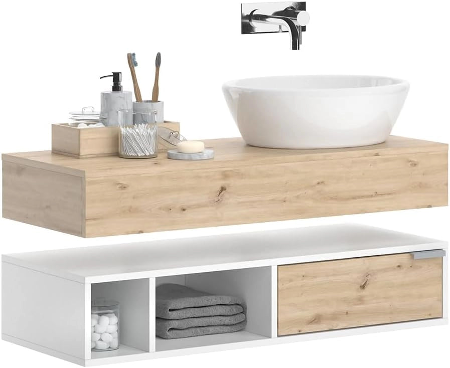 Mobile sottolavabo per bagno Henri, Bianco, 100 x 15 cm con cassetto, per il montaggio sotto il lavandino con ritaglio per sifone
