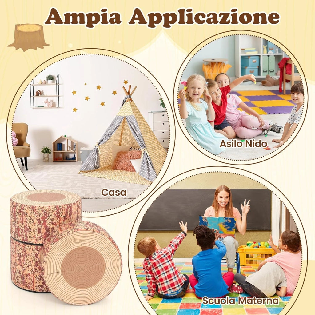 Set di 3 Sgabelli a Ceppo d'Albero, Cuscini da Pavimento per Bambini con Stampa Legno, Decorazione Naturale e Altezze Diverse, Sgabelli Rotondi per Aula, Casa e Asilo (Legno)