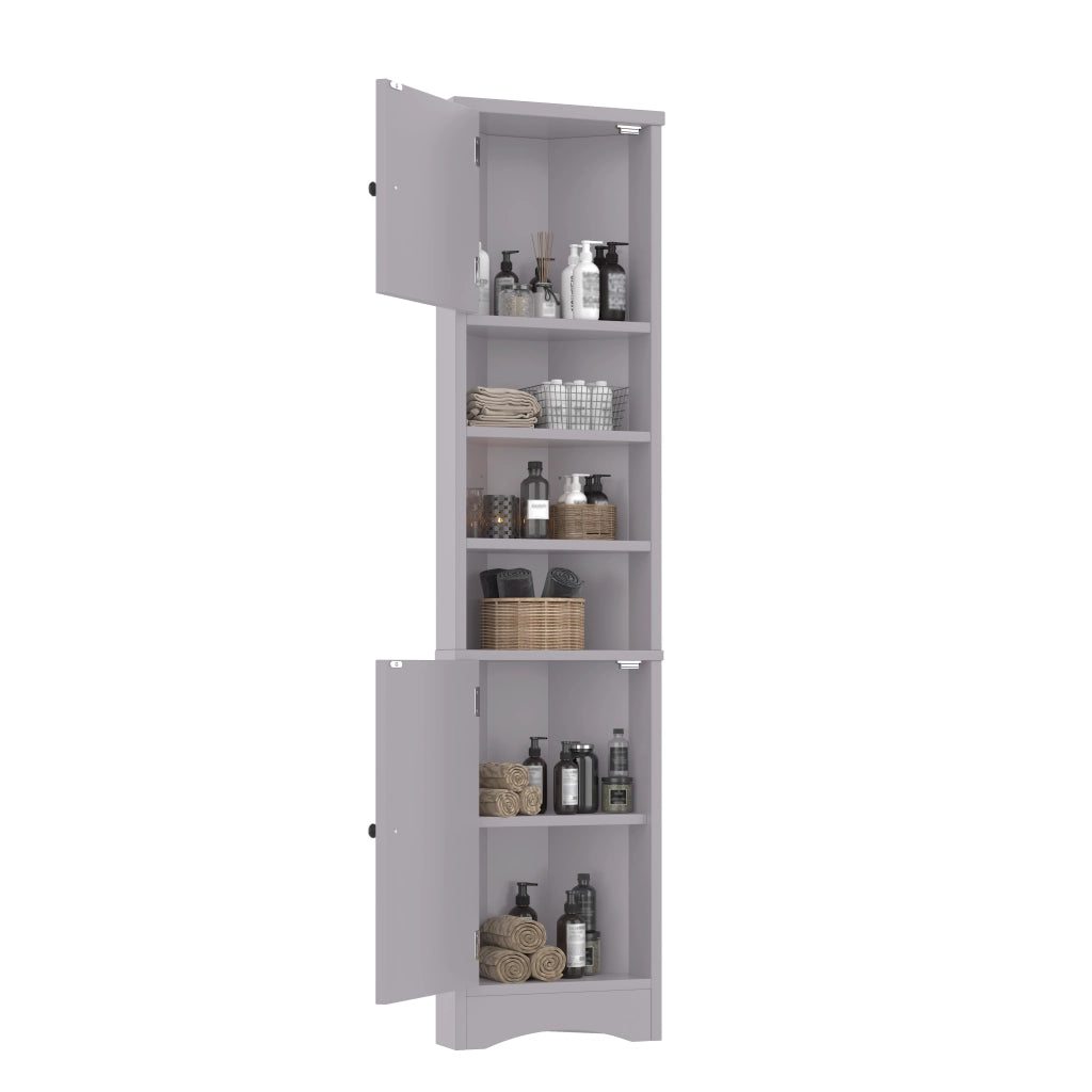 Armadietto da bagno angolare con 2 ante e 3 vani aperti, ripiani regolabili, in MDF, grigio, per bagno