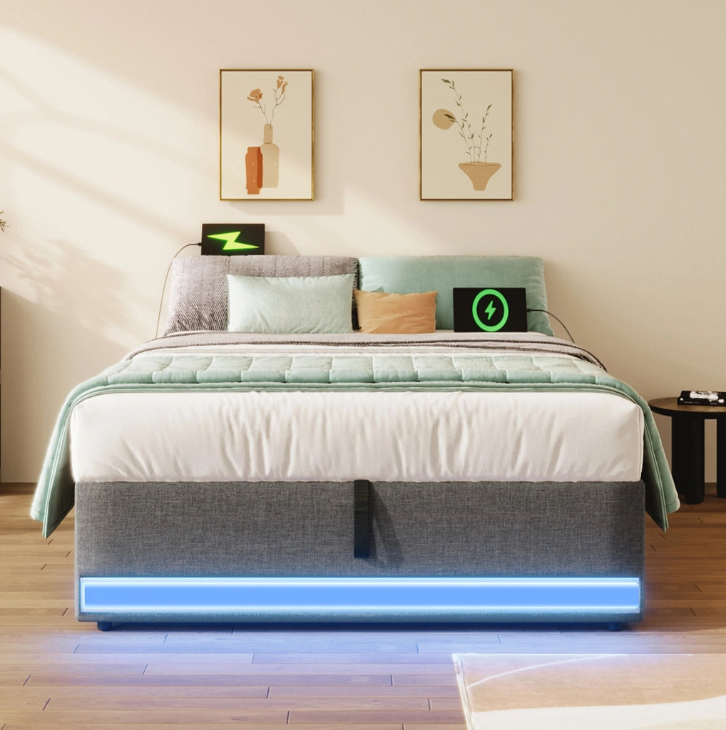 Letto imbottito 90x200 cm con LED, USB/Type-C e contenitore