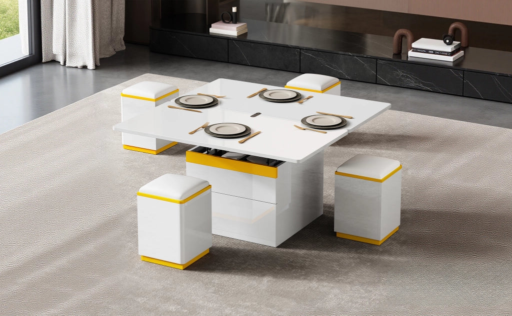 TAVOLINO DA CAFFÈ rialzabile 100 x 50 x 43 cm Bianco e Giallo, Set con 4 sgabelli