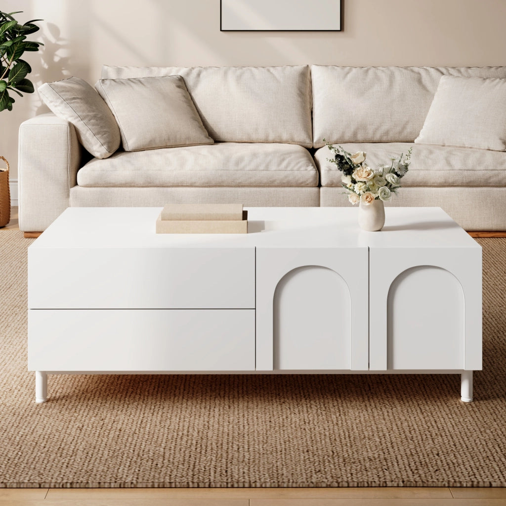 Tavolino da caffè 100x50x39.5 cm con 2 cassetti e 2 porte; contenitore chiuso; MDF e pannello truciolare; bianco