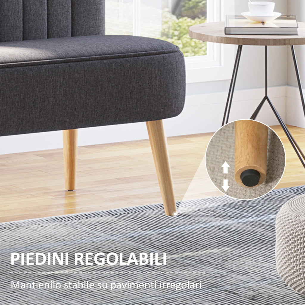 Divano 2 Posti in Tessuto Effetto Lino Senza Braccioli con Gambe in Legno, 117x56.5x77 cm, Grigio Scuro