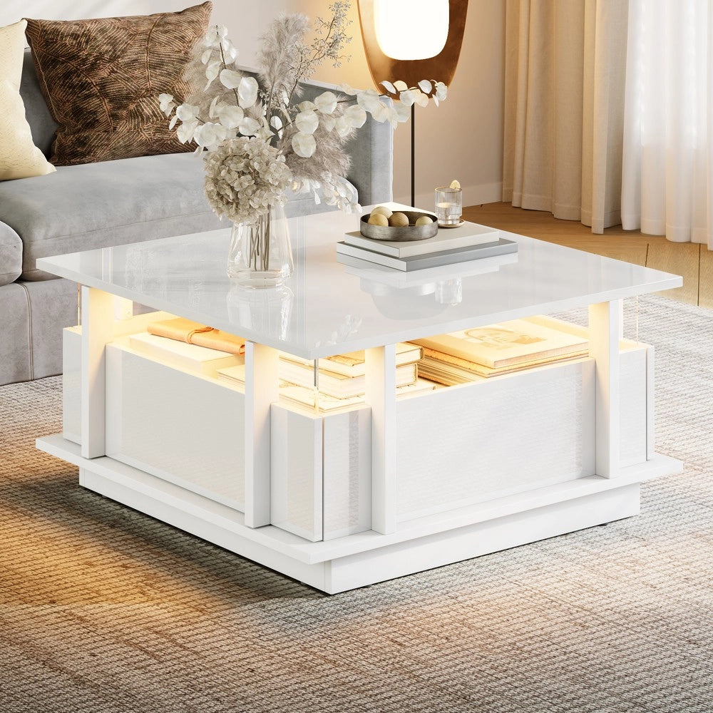 Tavolino da Caff¨¨ con LED, Cassetti e Ripiano in Acrilico ¨C MINIMAL ¨C Bianco Lucido 70x70x35