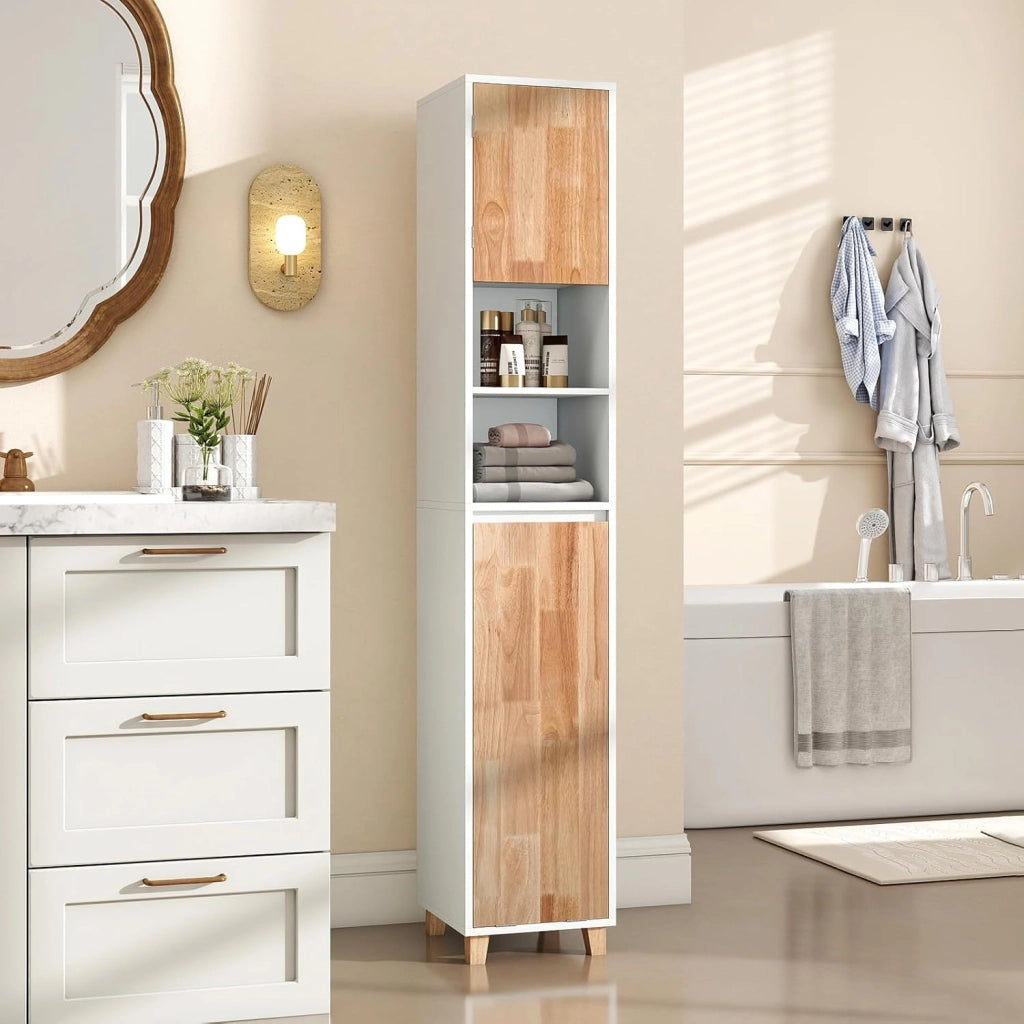 Mobile da Bagno, Armadio Salvaspazio per Biancheria con Cestello Inclinabile, Ante in Legno in Gomma, 3 Ripiani e Cesta Porta Biancheria Rimovibile, Ideale per Soggiorno e Cucina