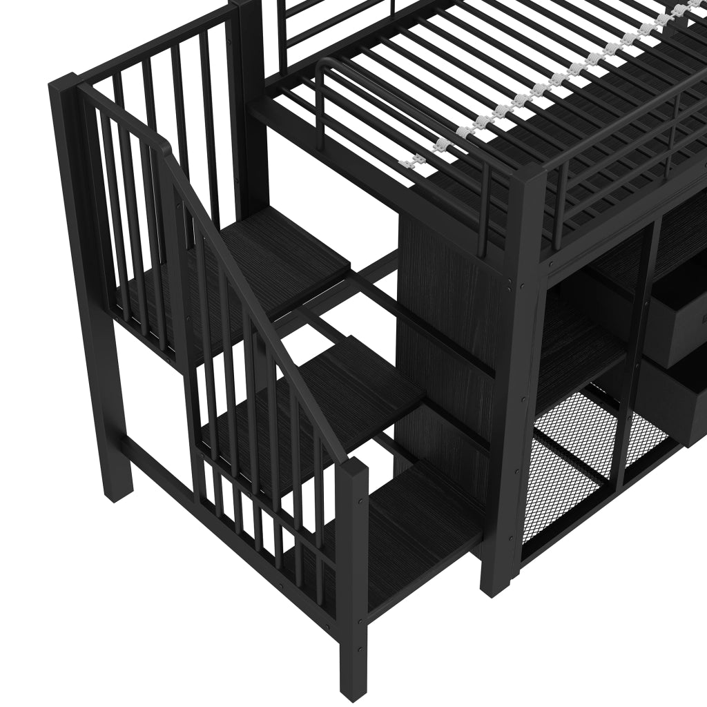 LETTO a soppalco 90x200 cm Nero con 2 cassetti, armadio aperto, LED