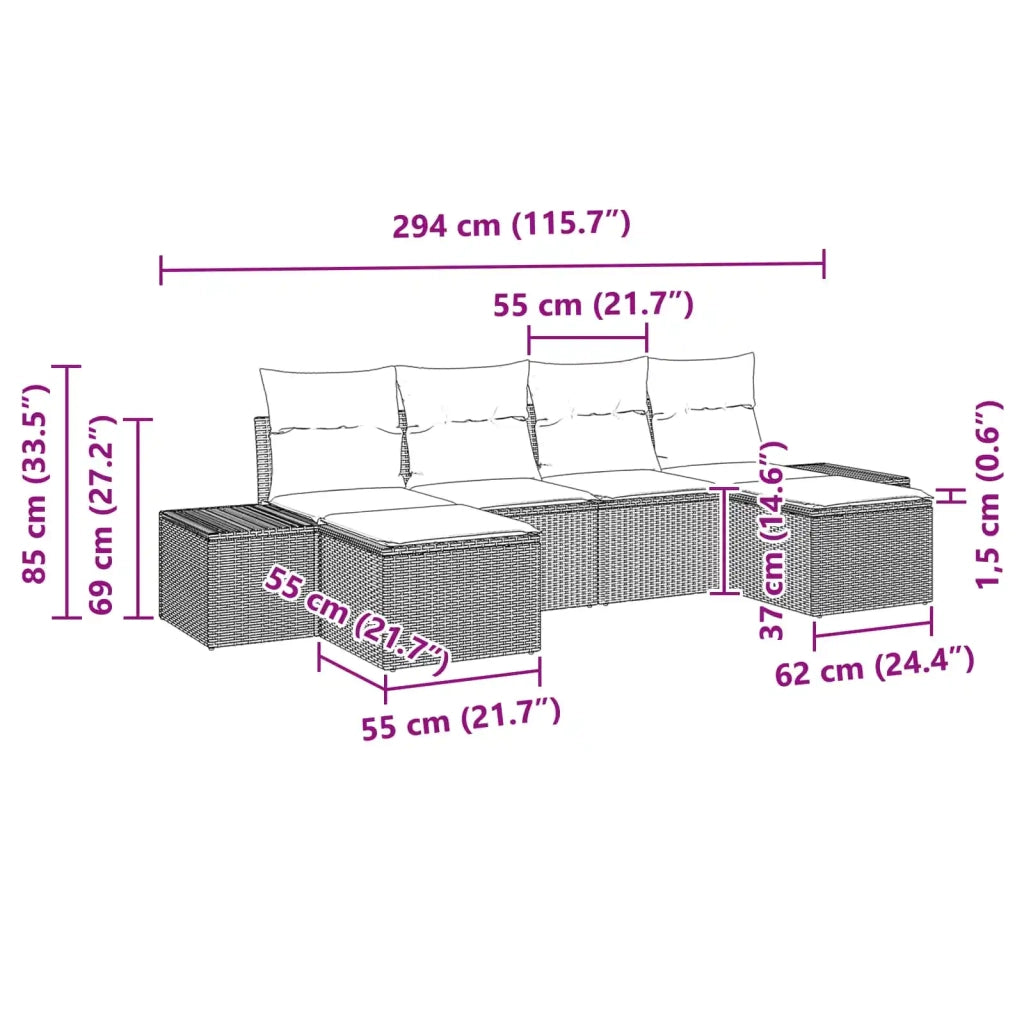 Set Divano da Giardino con cuscino 6 pcs Marrone polyrattan