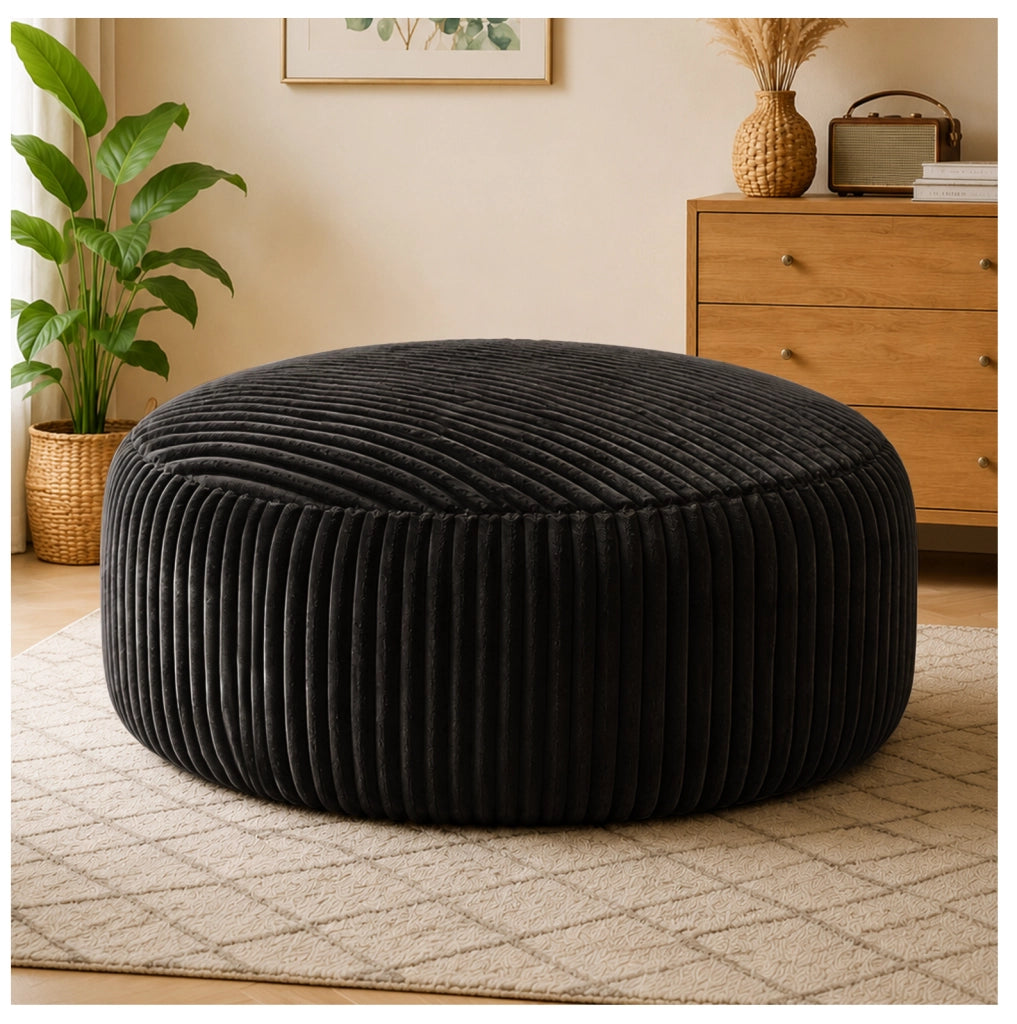 Poltrona sacco rotonda con imbottitura in memory foam; velluto a coste nero