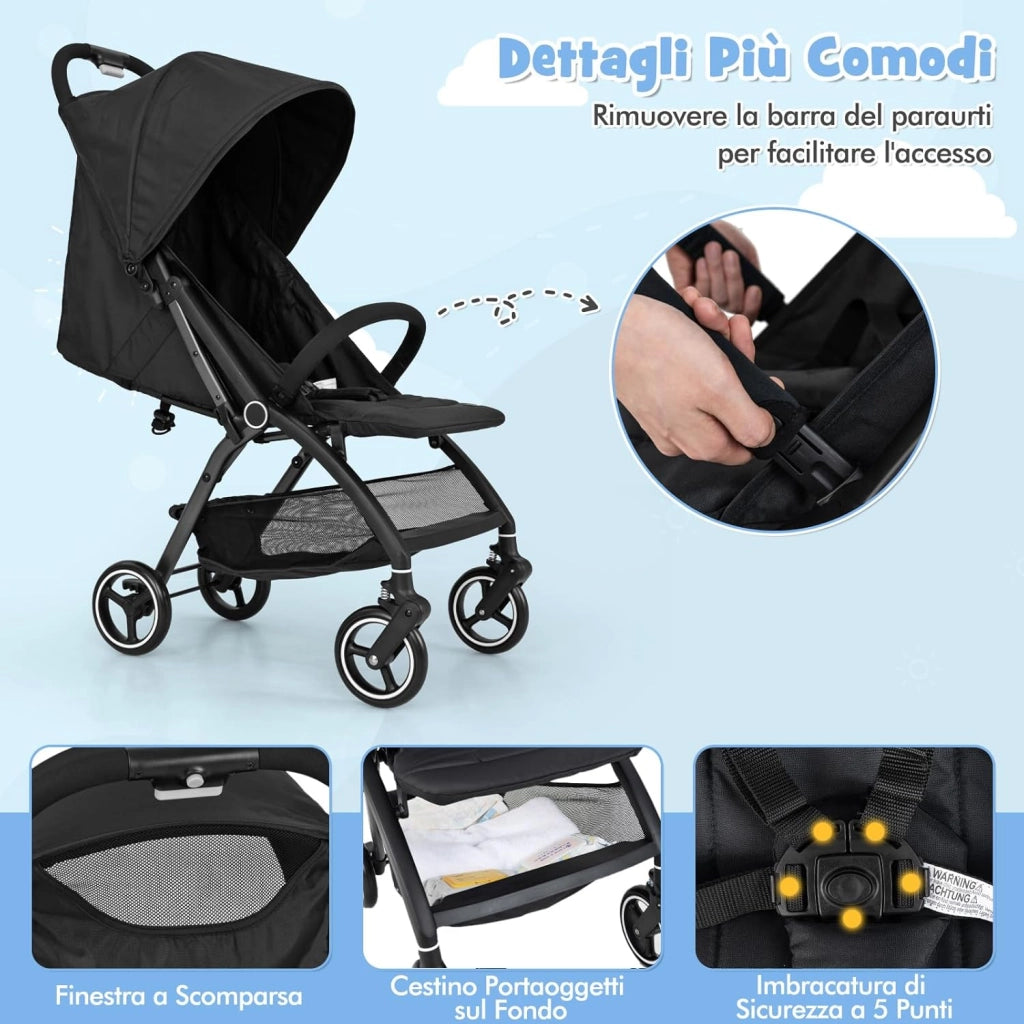 Passeggino Leggero per Bambini, Passeggino Pieghevole con Schienale Regolabile, Tettuccio, Cintura di Sicurezza a 5 Punti, Cestello Portaoggetti, per Bambini 0-36 Mesi (Nero)