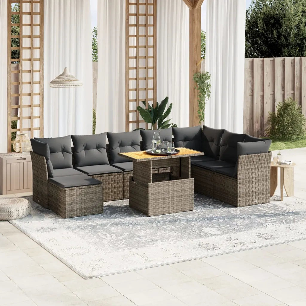Set Divano da Giardino 9 pz con Cuscini Grigio in Polyrattan