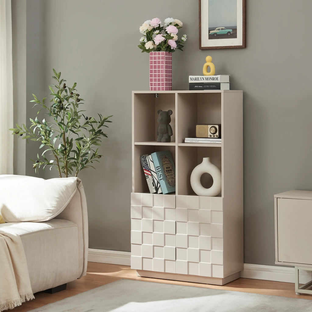 Armadio Comò Alto Bopibobro a 2 Ante Credenza con 4 Ripiani Aperti e 4 Vani Chiusi 118 x 64 x 30 cm - Beige [en.casa]