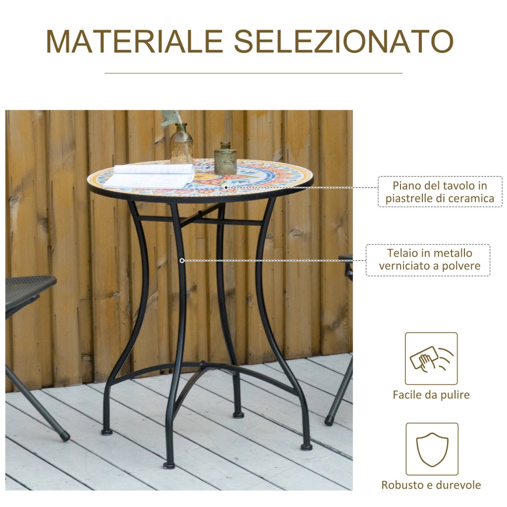 Tavolo da Giardino Tondo ?60cm in Metallo e Mosaico, Arredamento da Esterno e Interno, Rosso