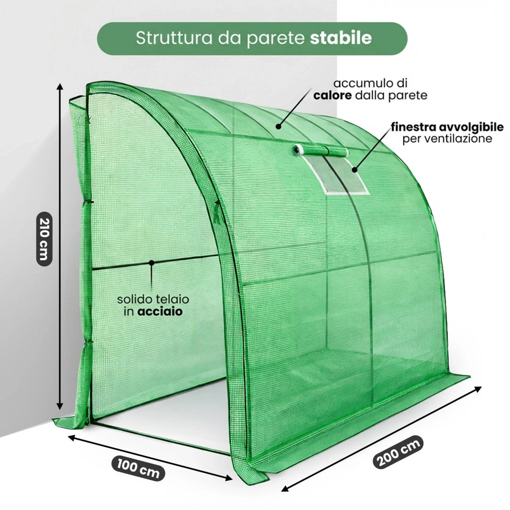 Serra da giardino addossata con struttura in metallo e telo in PE 1 porta 1 finestra Verde 100x200x210 cm