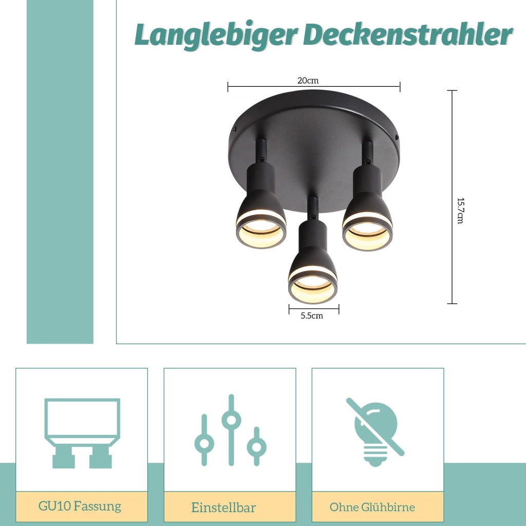 ZMH Faretto da soffitto neri 3 luci GU10 metallo orientabili moderni per camera letto sala pranzo senza lampadina