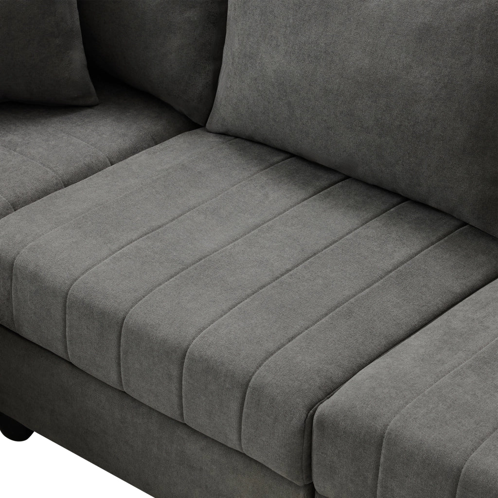 Divano angolare modulare 5 posti con pouf mobile e seduta ampia con cuscini per soggiorno in cotone e lino grigio