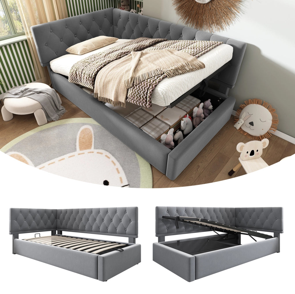 Letto imbottito a L in velluto grigio 90x190 cm con contenitore idraulico